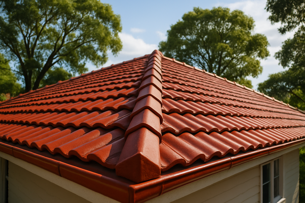Restored terracotta tile roof on a post-war highset home in Indooroopilly Brisbane with clean ridge cap repointing and fre…